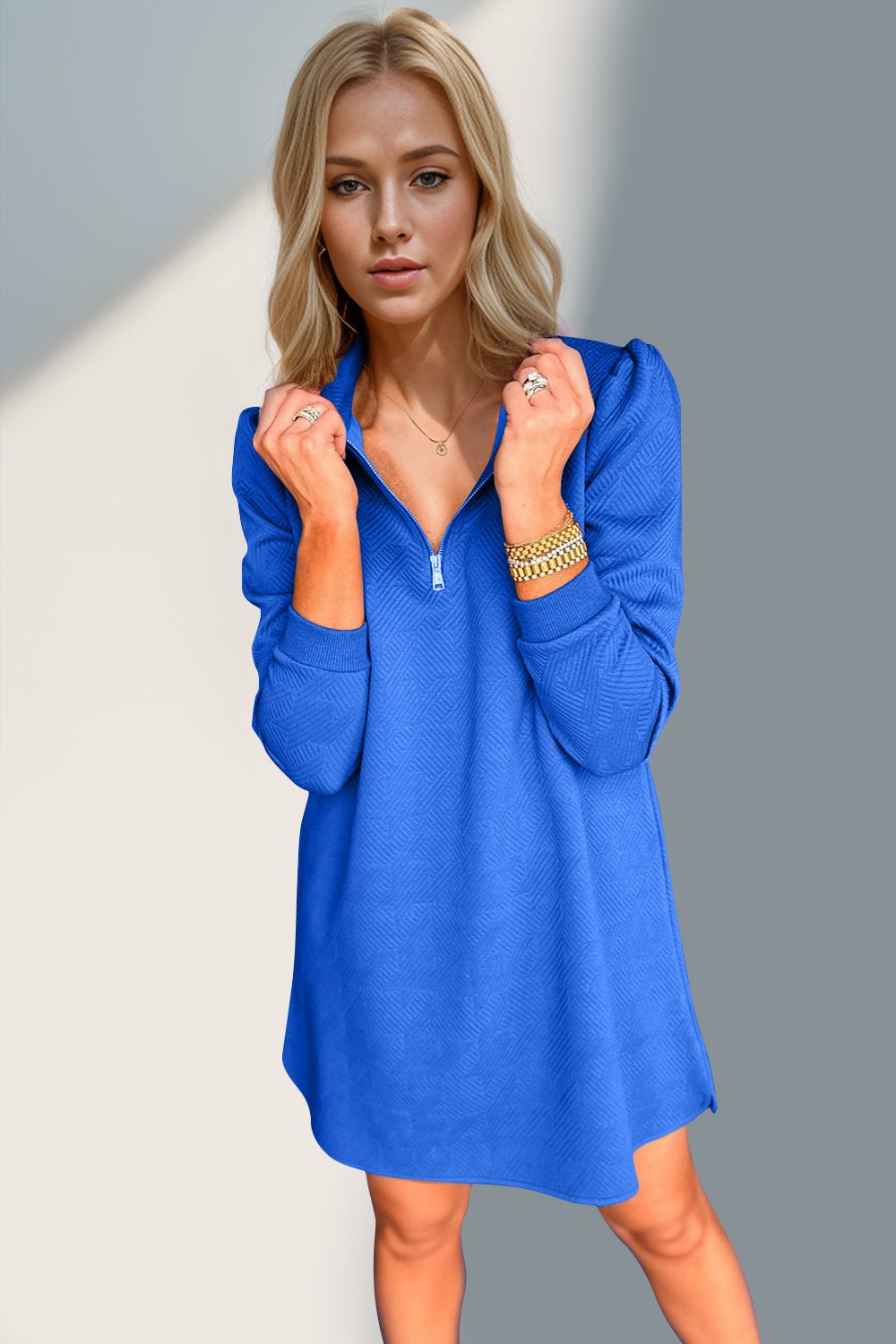 Double Take - Quarter Zip Long Sleeve Mini Dress