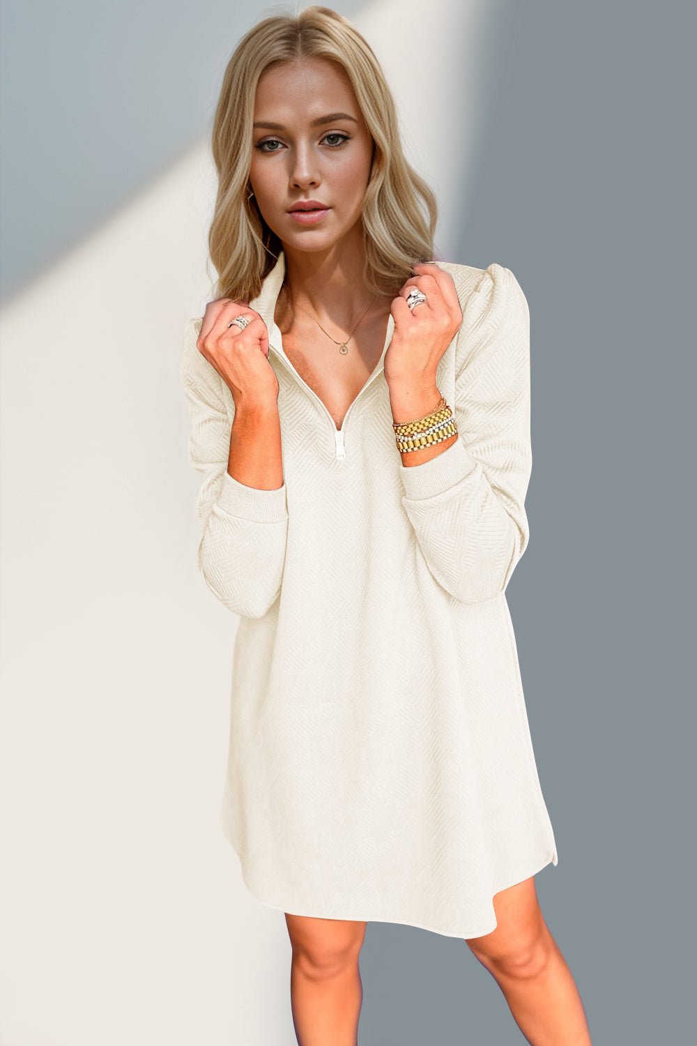 Double Take - Quarter Zip Long Sleeve Mini Dress