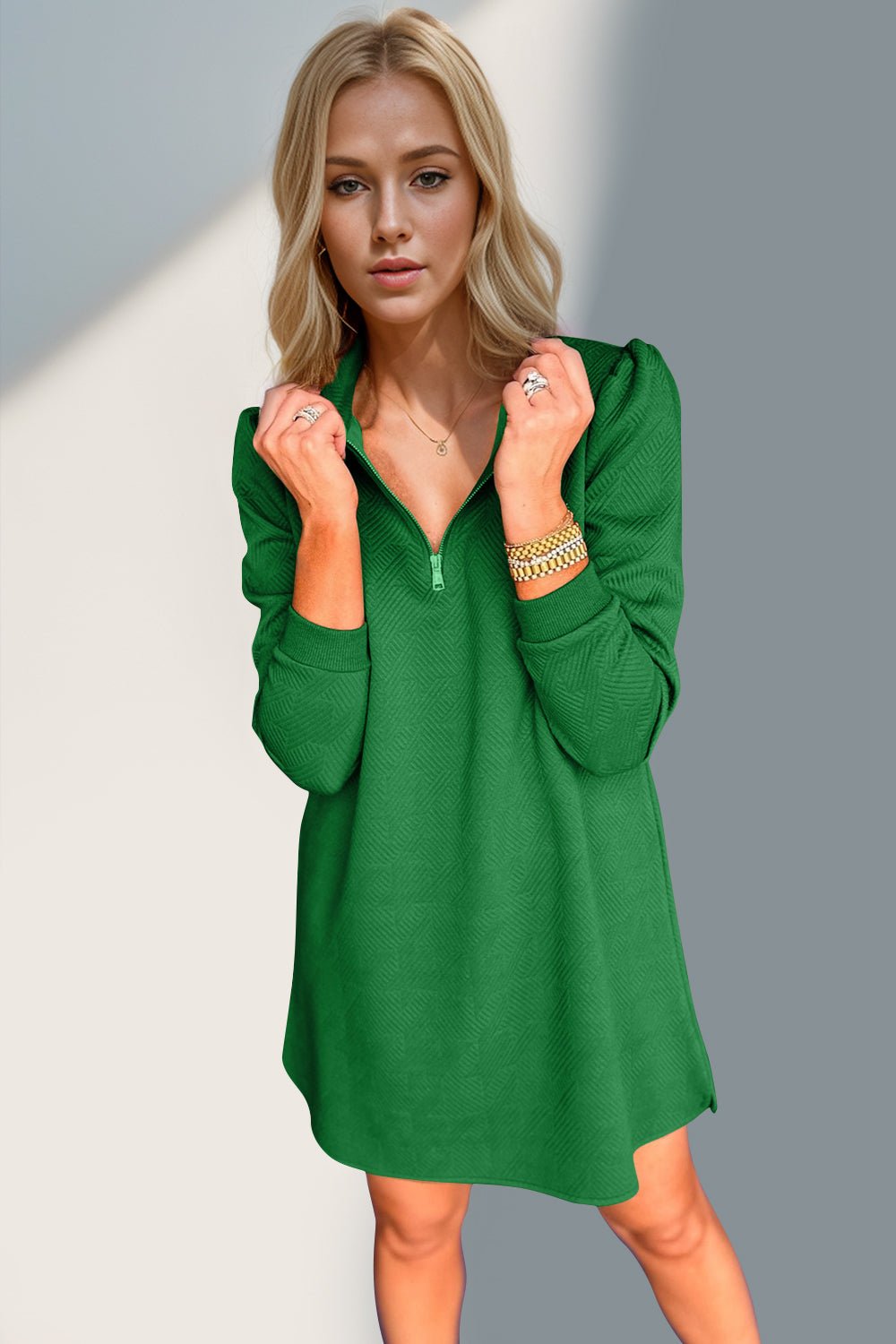 Double Take - Quarter Zip Long Sleeve Mini Dress