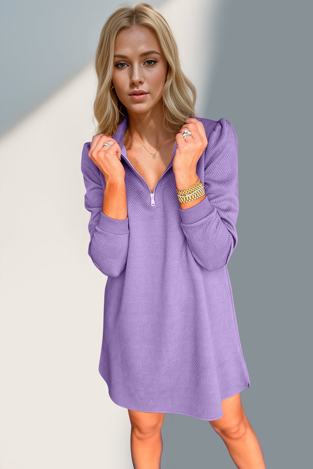 Double Take - Quarter Zip Long Sleeve Mini Dress