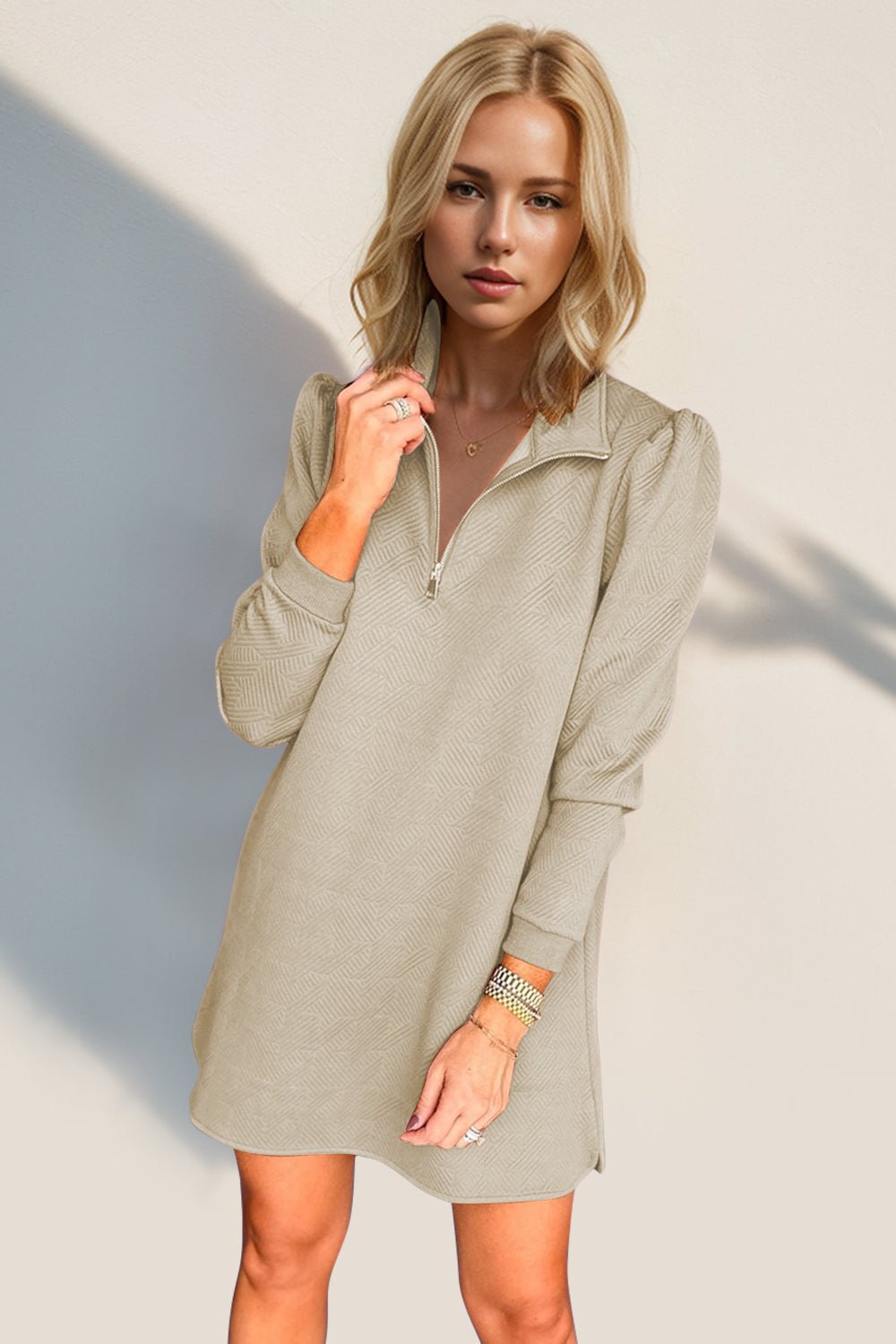 Double Take - Quarter Zip Long Sleeve Mini Dress