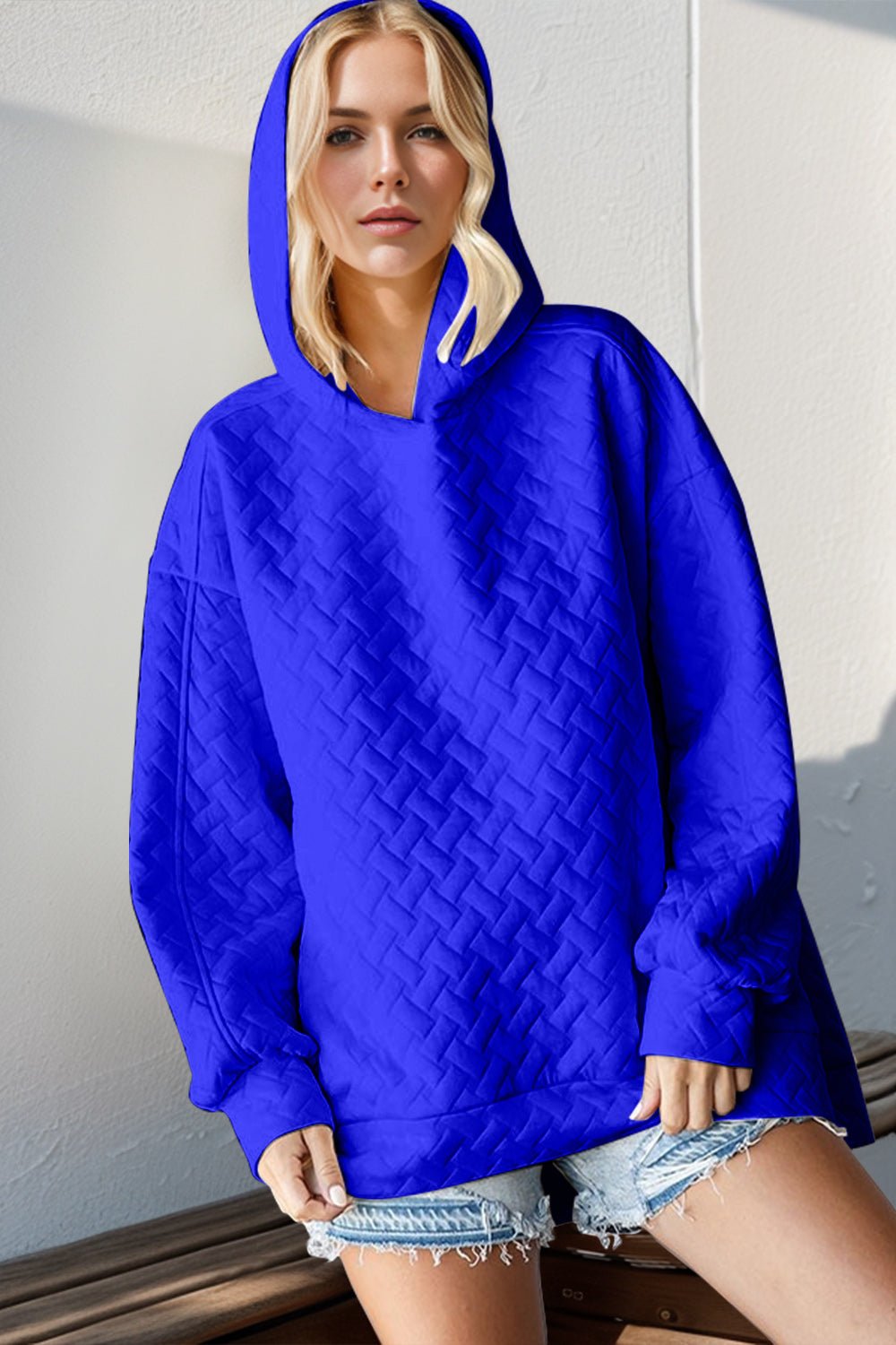 Double Take - Quilted Drop Shoulder Long Sleeve Hoodie in Royal Blue