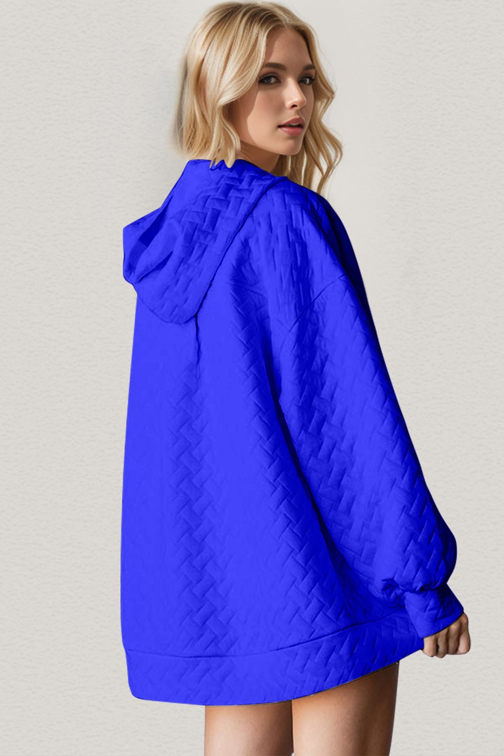 Double Take - Quilted Drop Shoulder Long Sleeve Hoodie in Royal Blue