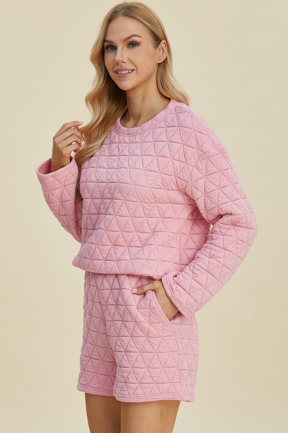 Double Take - Quilted Long Sleeve Top and Shorts Set