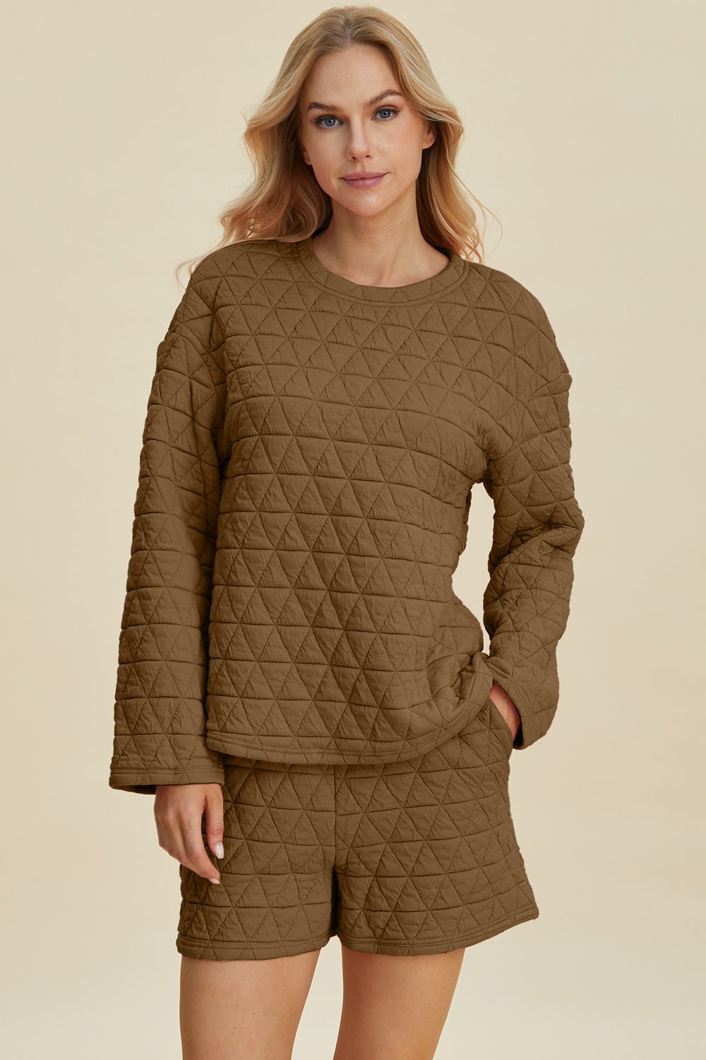 Double Take - Quilted Long Sleeve Top and Shorts Set