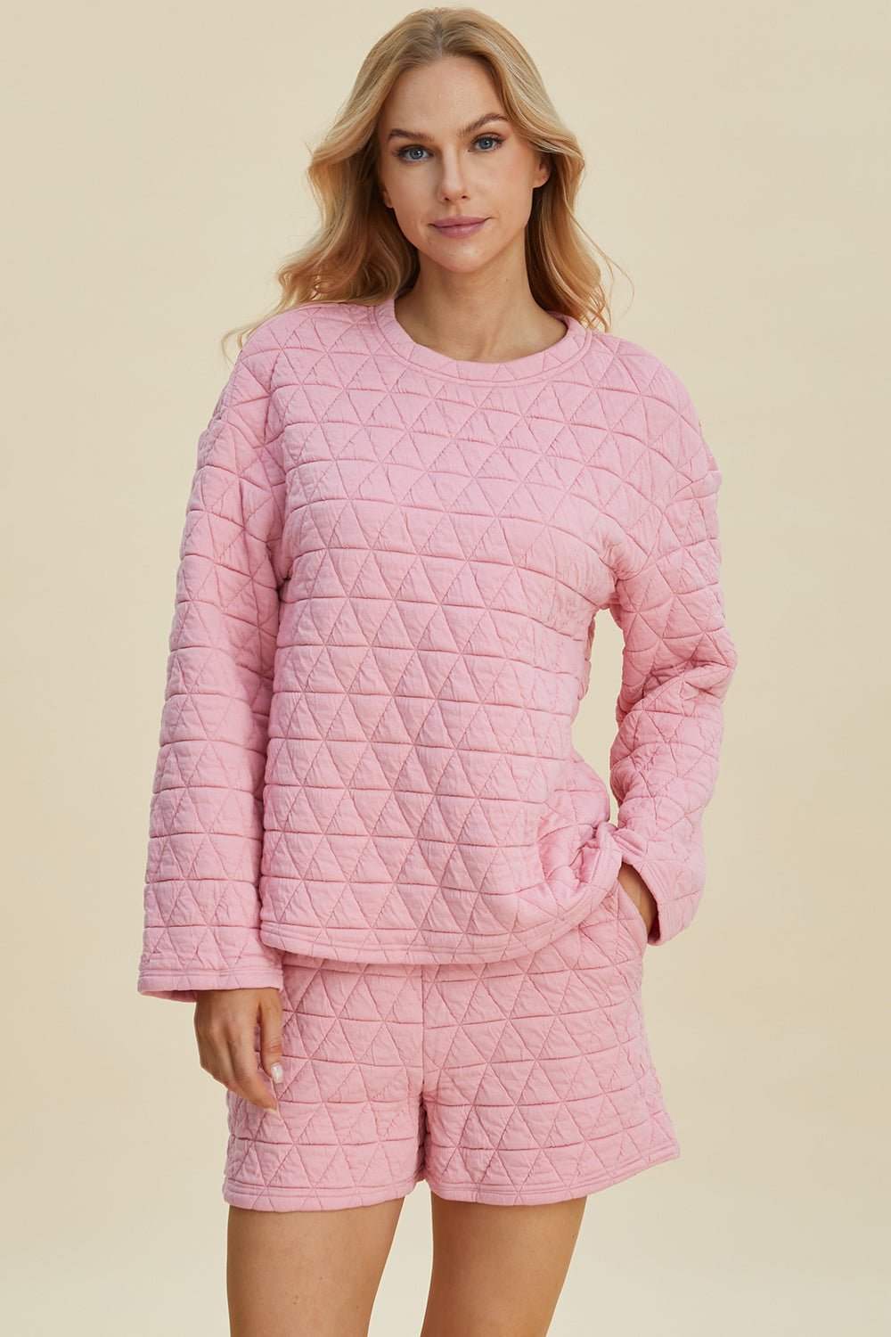 Double Take - Quilted Long Sleeve Top and Shorts Set