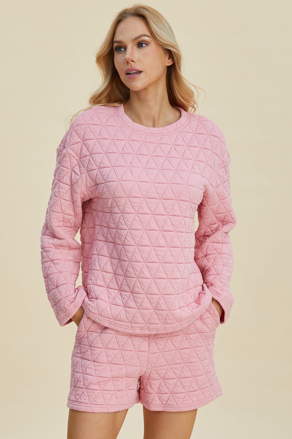 Double Take - Quilted Long Sleeve Top and Shorts Set