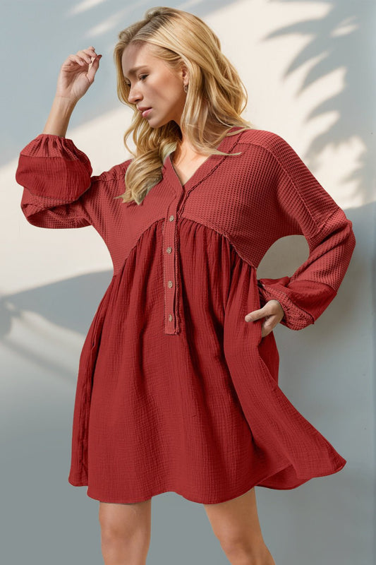 Double Take - Red Waffle - Knit Half Button Long Sleeve Mini Dress