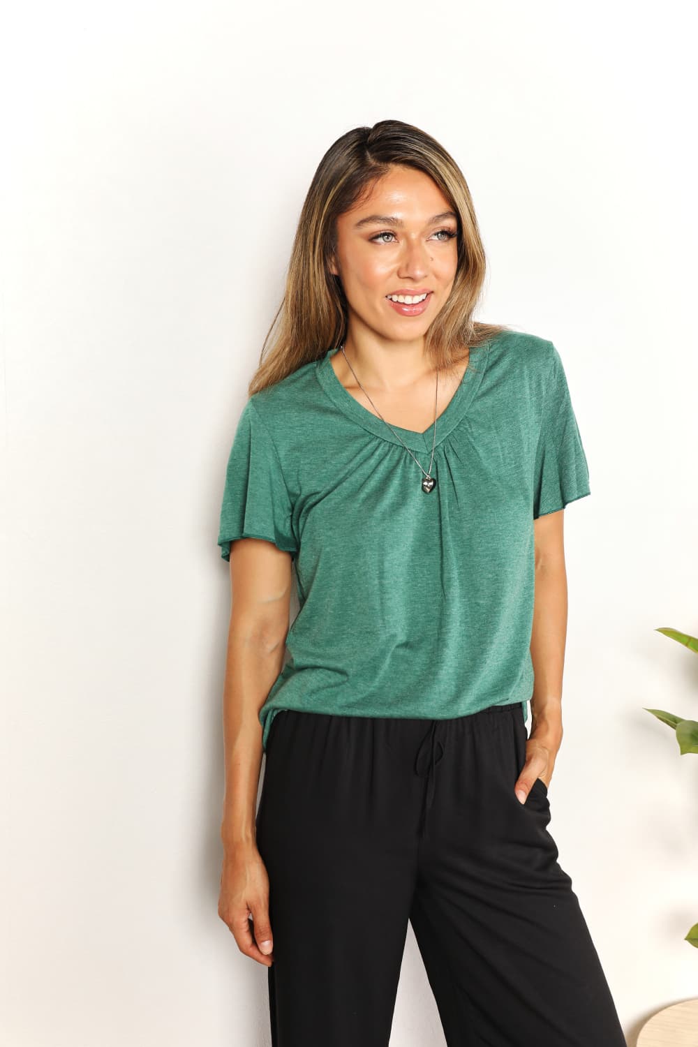 Double Take - Ruched V - Neck Short Sleeve T-Shirt