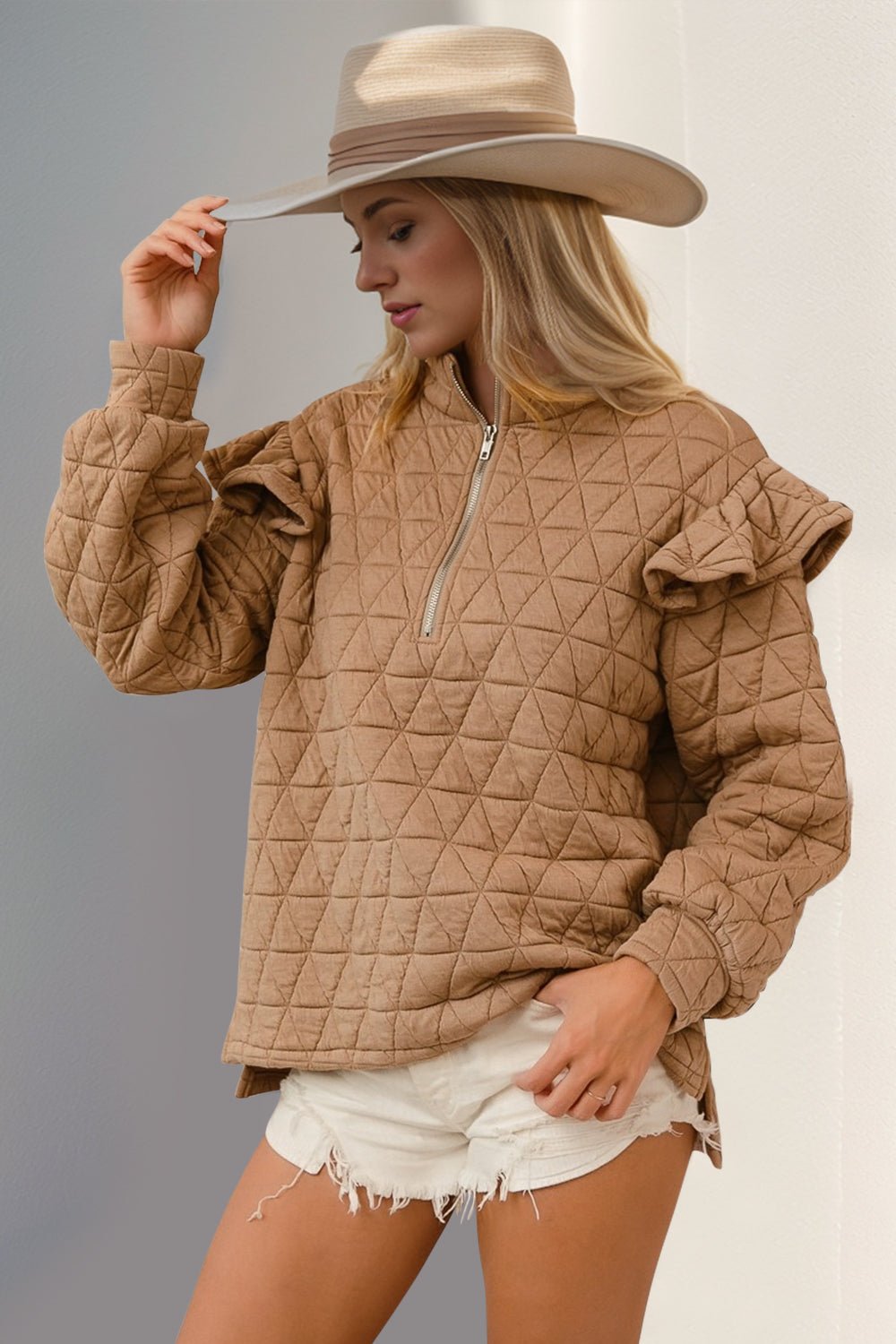 Double Take - Ruffle Detail Half Zip Quilted Sweatshirt in Tan