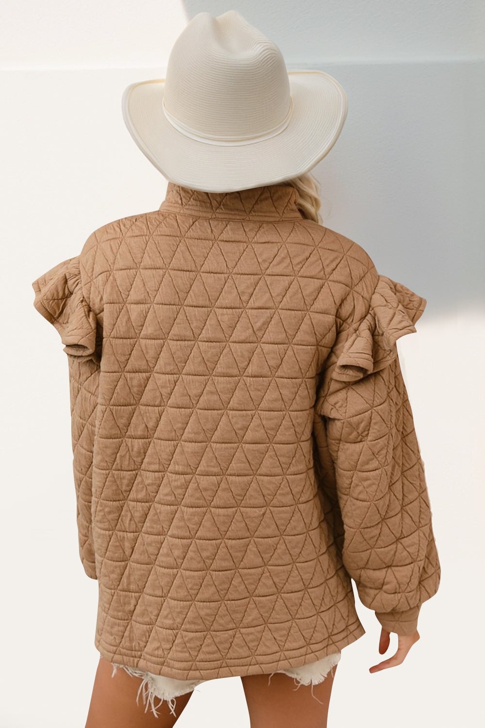 Double Take - Ruffle Detail Half Zip Quilted Sweatshirt in Tan