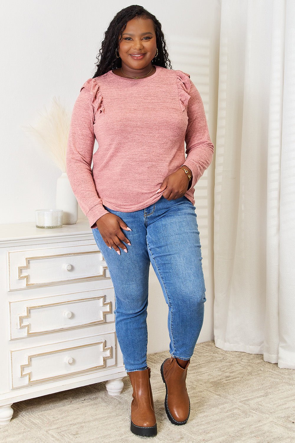 Double Take - Ruffle Shoulder Long Sleeve T-Shirt