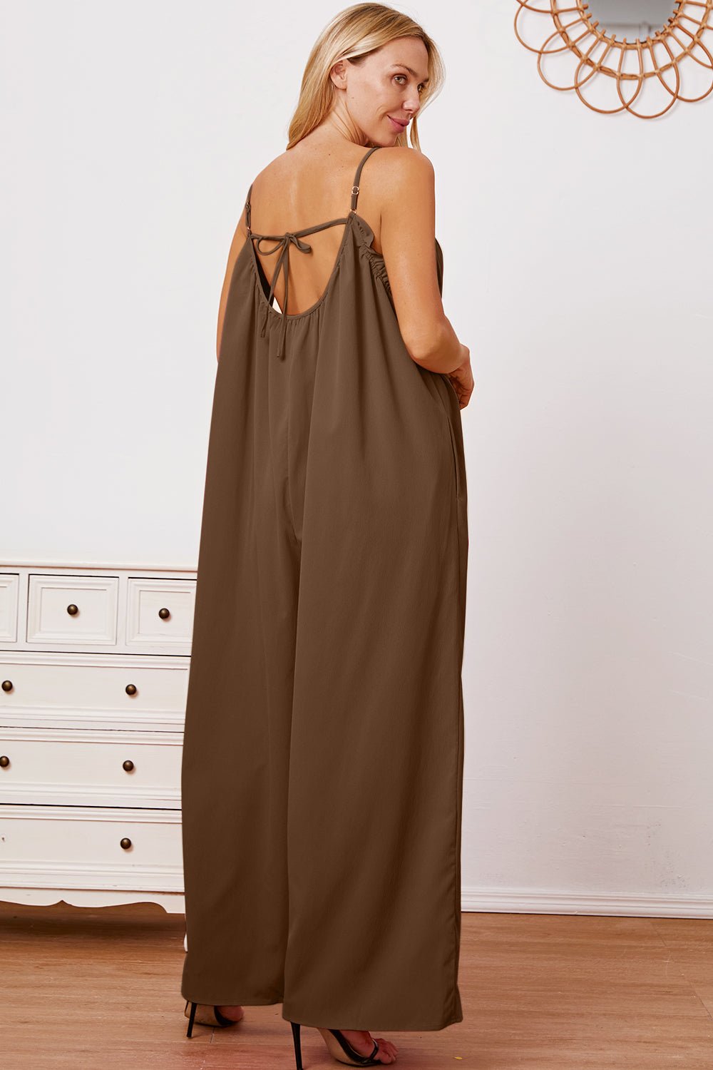 Double Take - Ruffle Trim Tie Back Cami Jumpsuit with Pockets