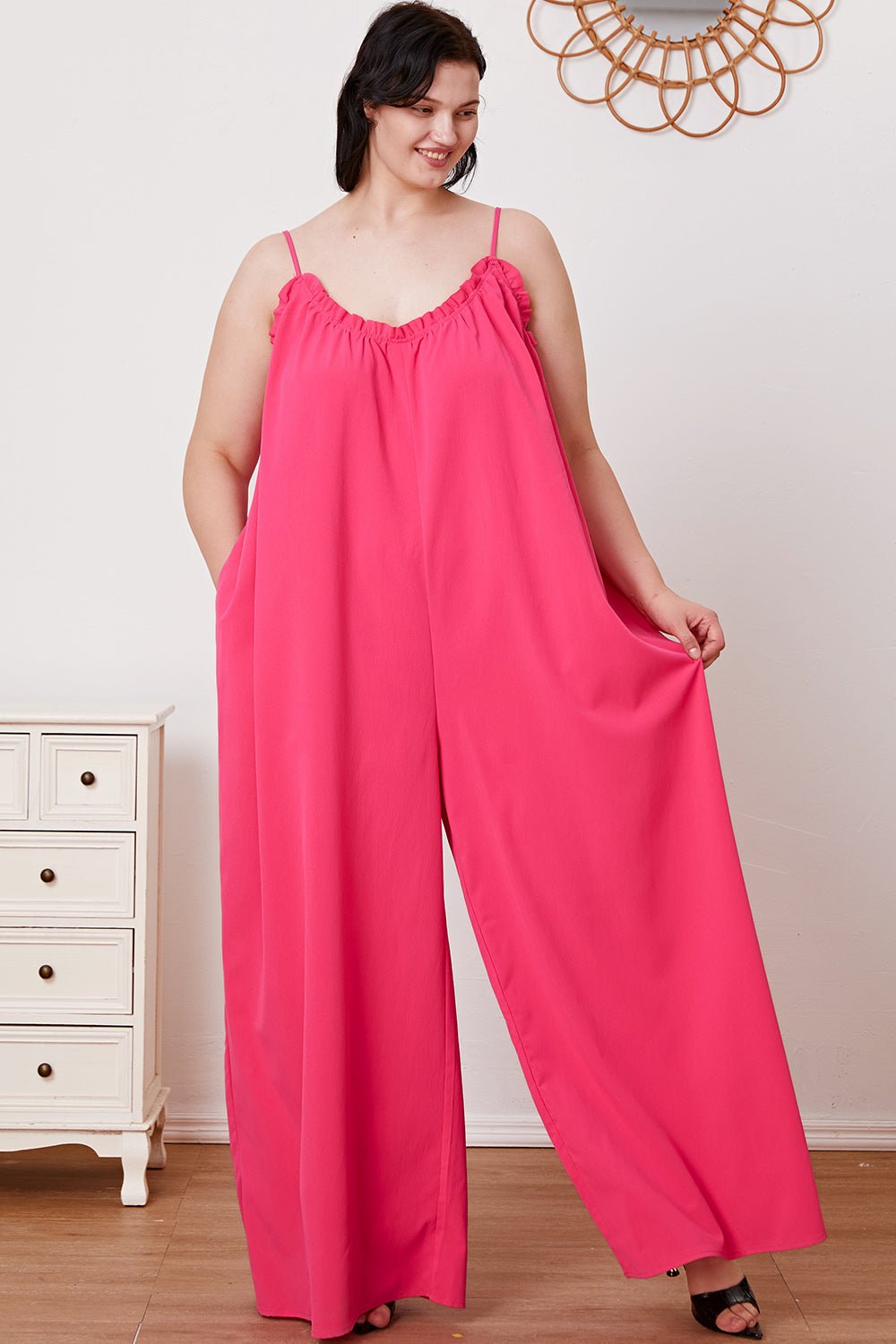 Double Take - Ruffle Trim Tie Back Cami Jumpsuit with Pockets