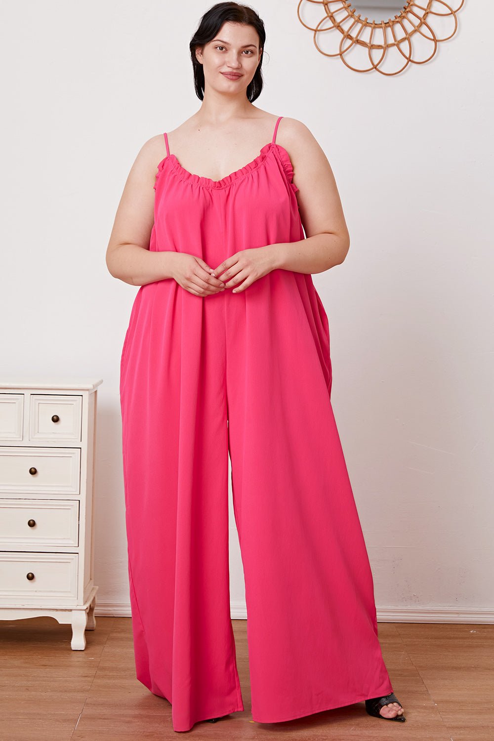 Double Take - Ruffle Trim Tie Back Cami Jumpsuit with Pockets