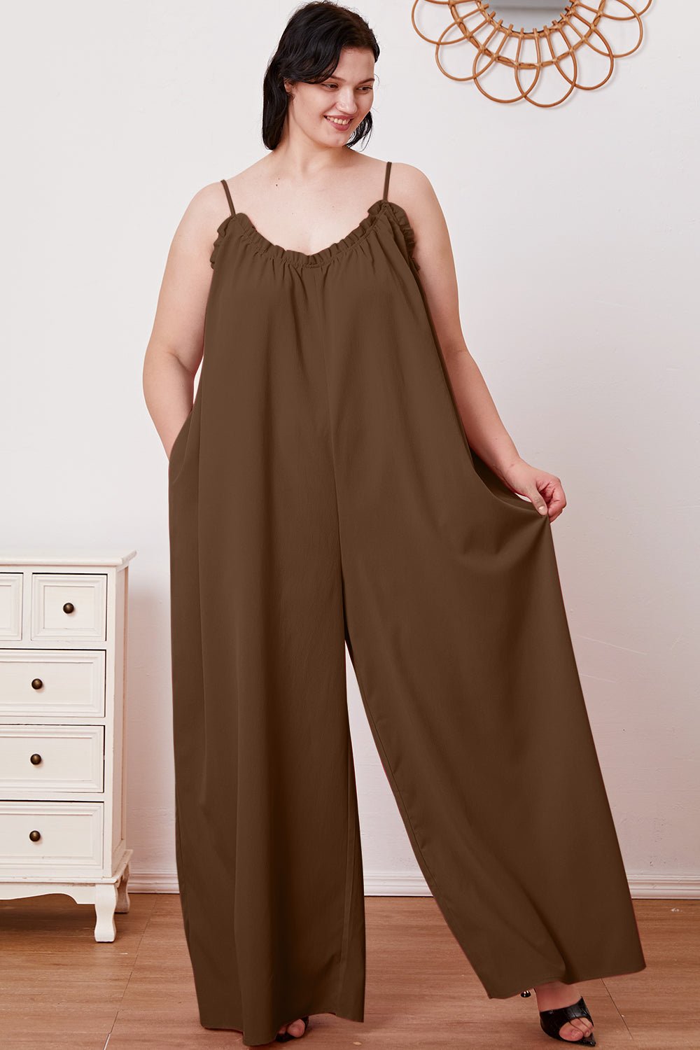 Double Take - Ruffle Trim Tie Back Cami Jumpsuit with Pockets