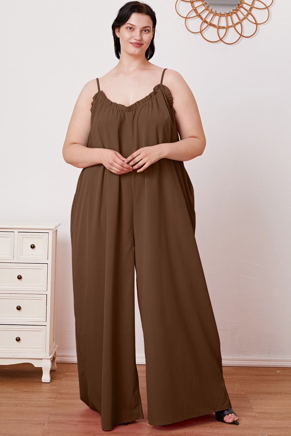 Double Take - Ruffle Trim Tie Back Cami Jumpsuit with Pockets