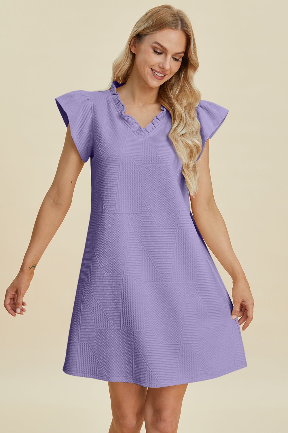 Double Take - Ruffled V - Neck Cap Sleeve Mini Dress