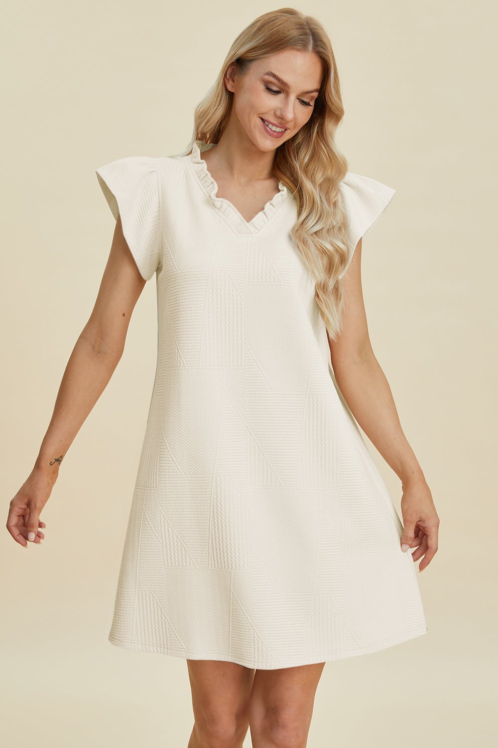 Double Take - Ruffled V - Neck Cap Sleeve Mini Dress