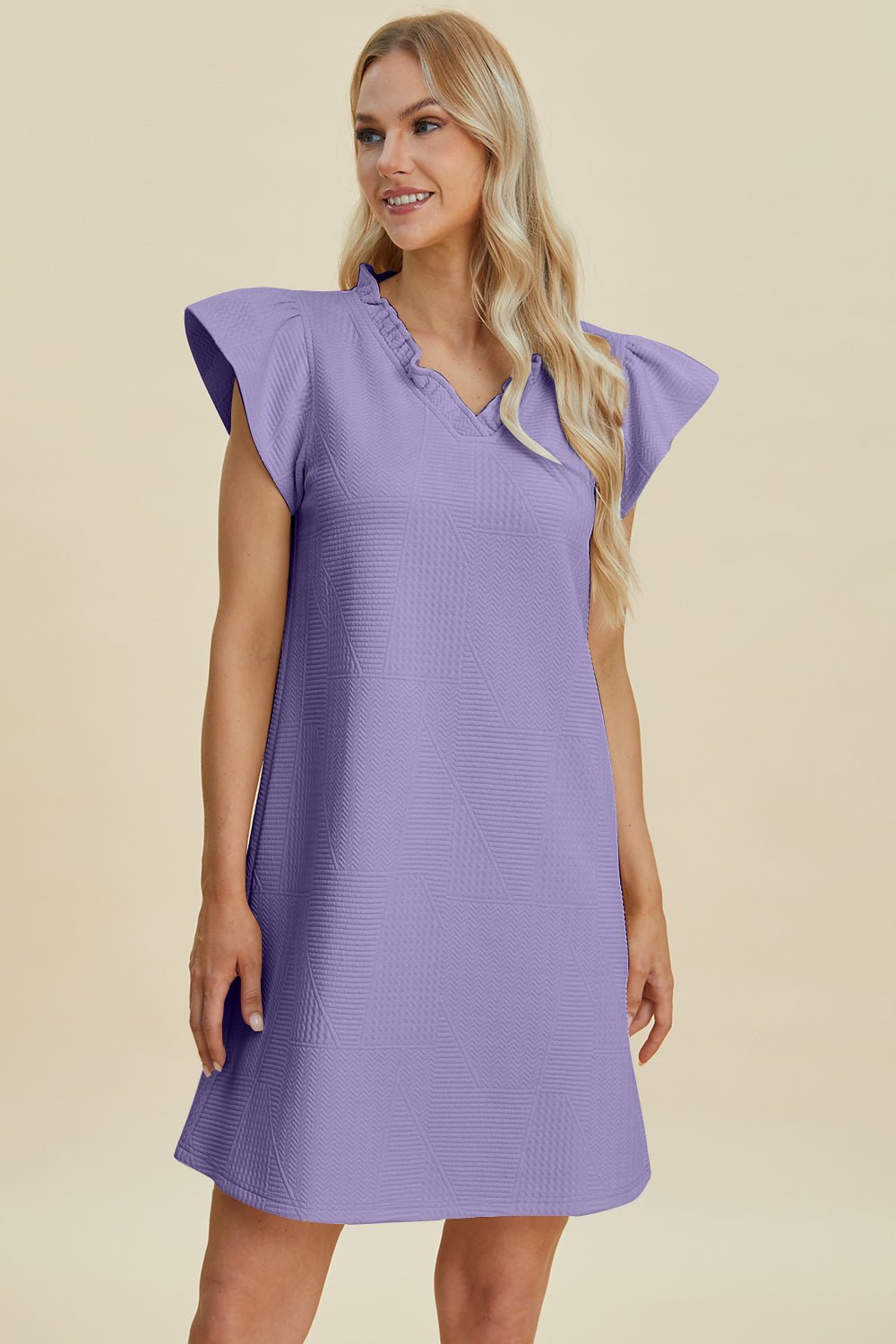 Double Take - Ruffled V - Neck Cap Sleeve Mini Dress