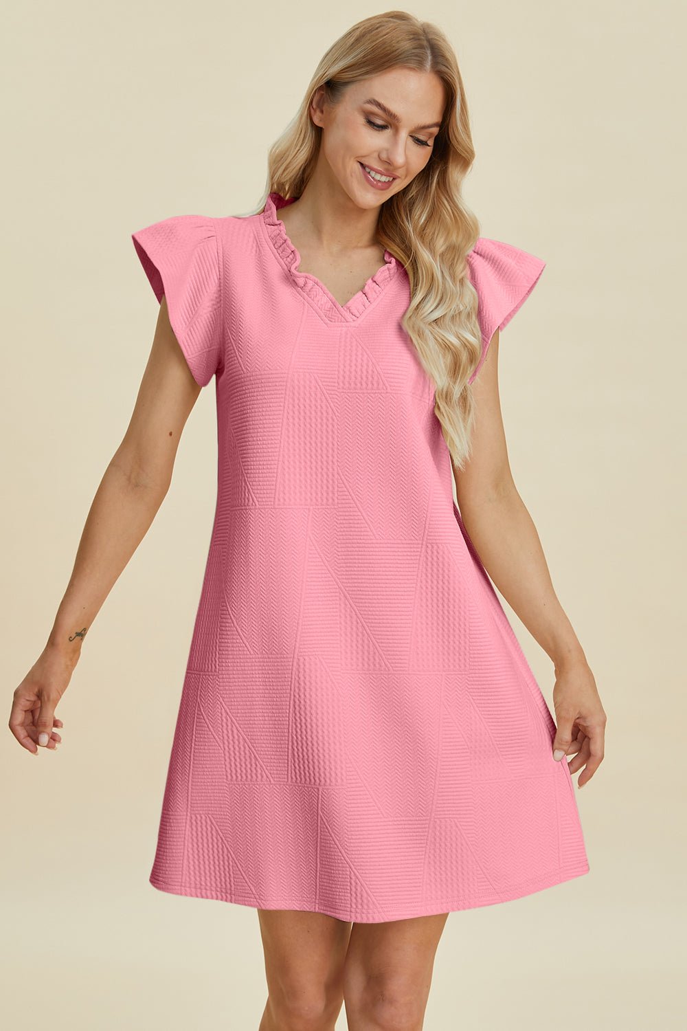 Double Take - Ruffled V - Neck Cap Sleeve Mini Dress