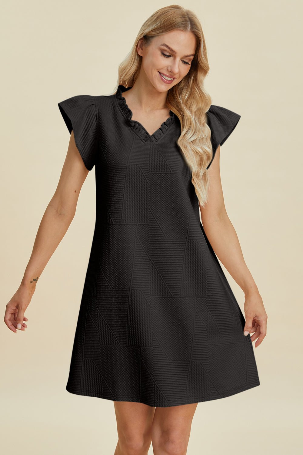 Double Take - Ruffled V - Neck Cap Sleeve Mini Dress