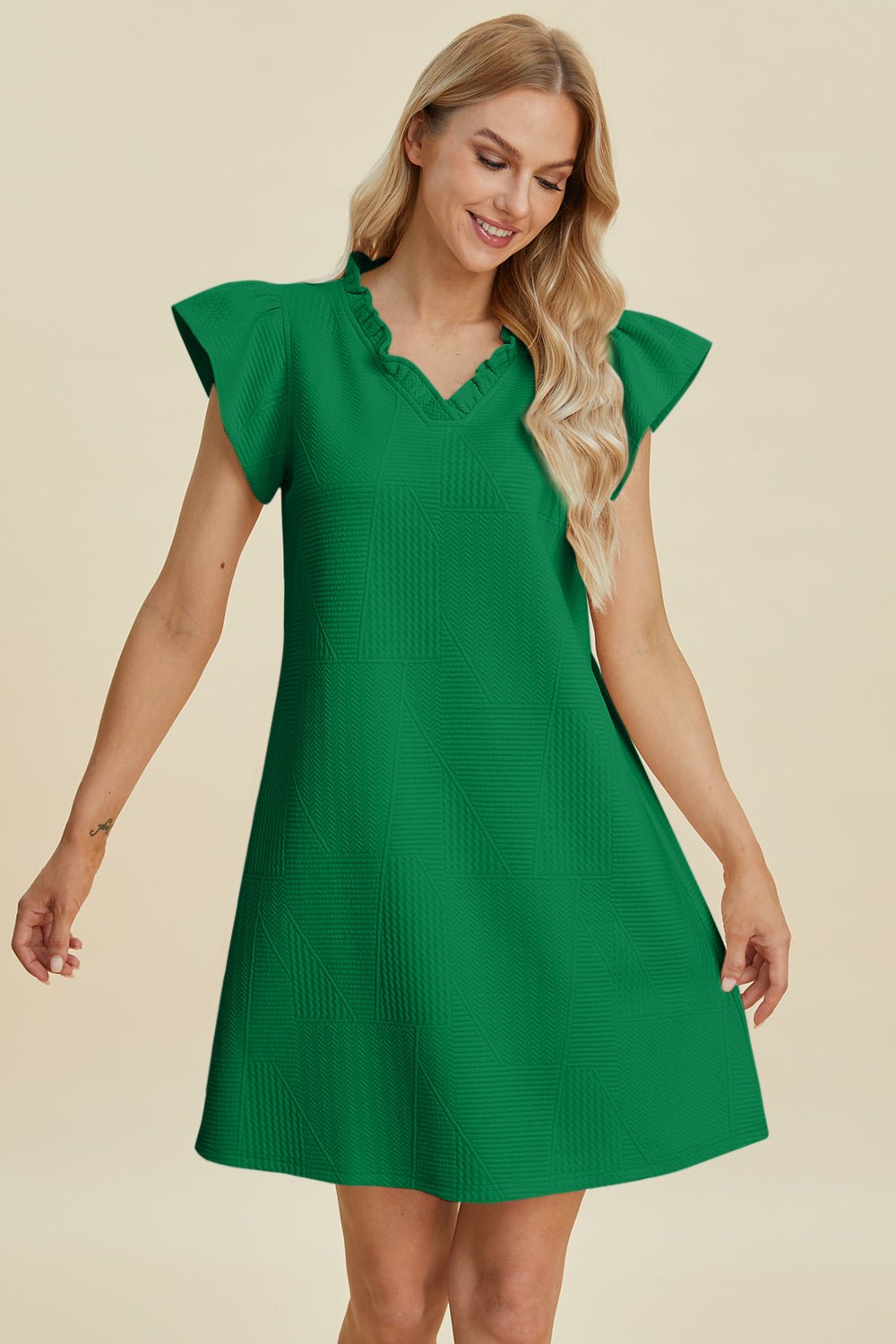 Double Take - Ruffled V - Neck Cap Sleeve Mini Dress