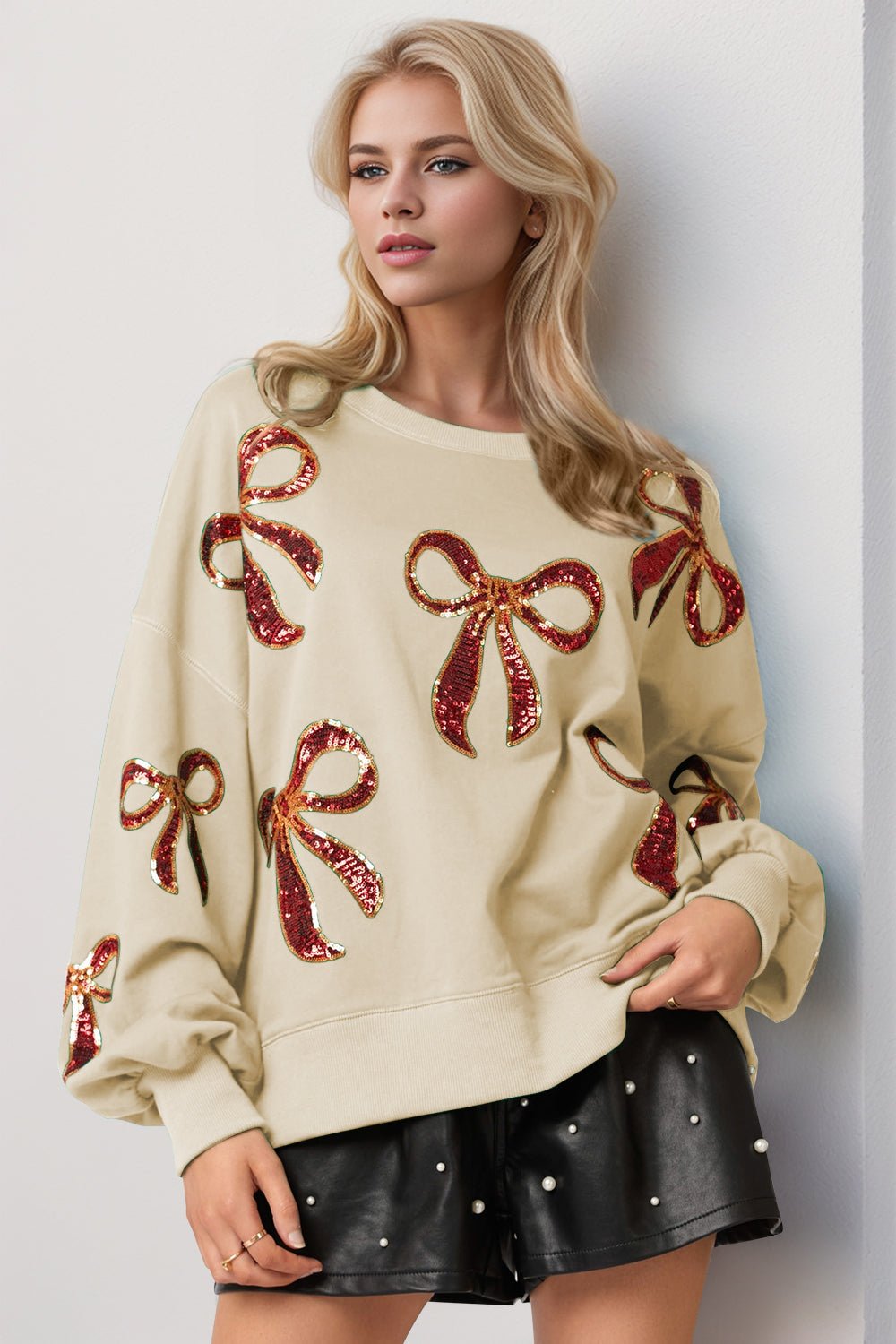 Double Take - Sequin Christmas Bow Sweatshirt