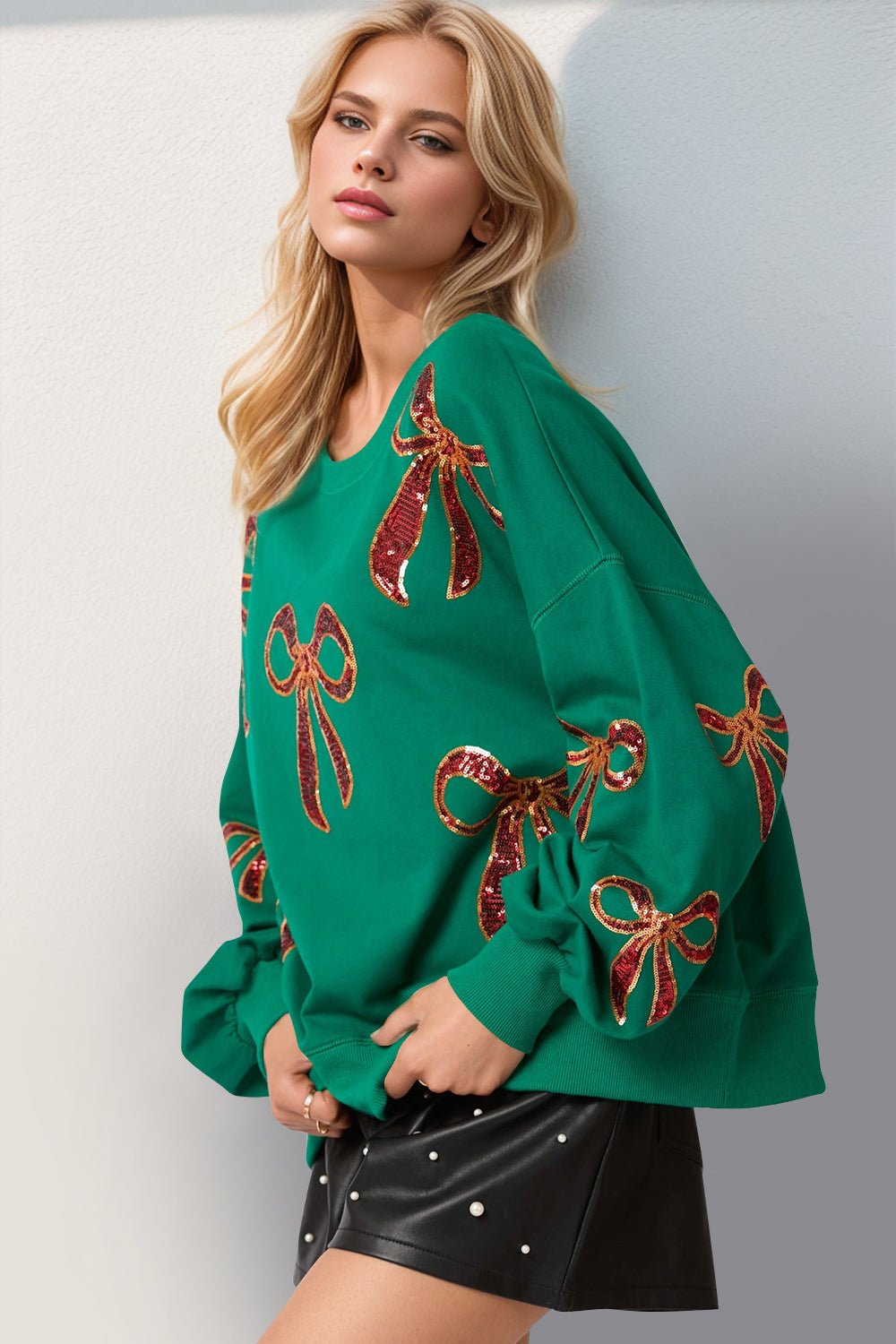 Double Take - Sequin Christmas Bow Sweatshirt