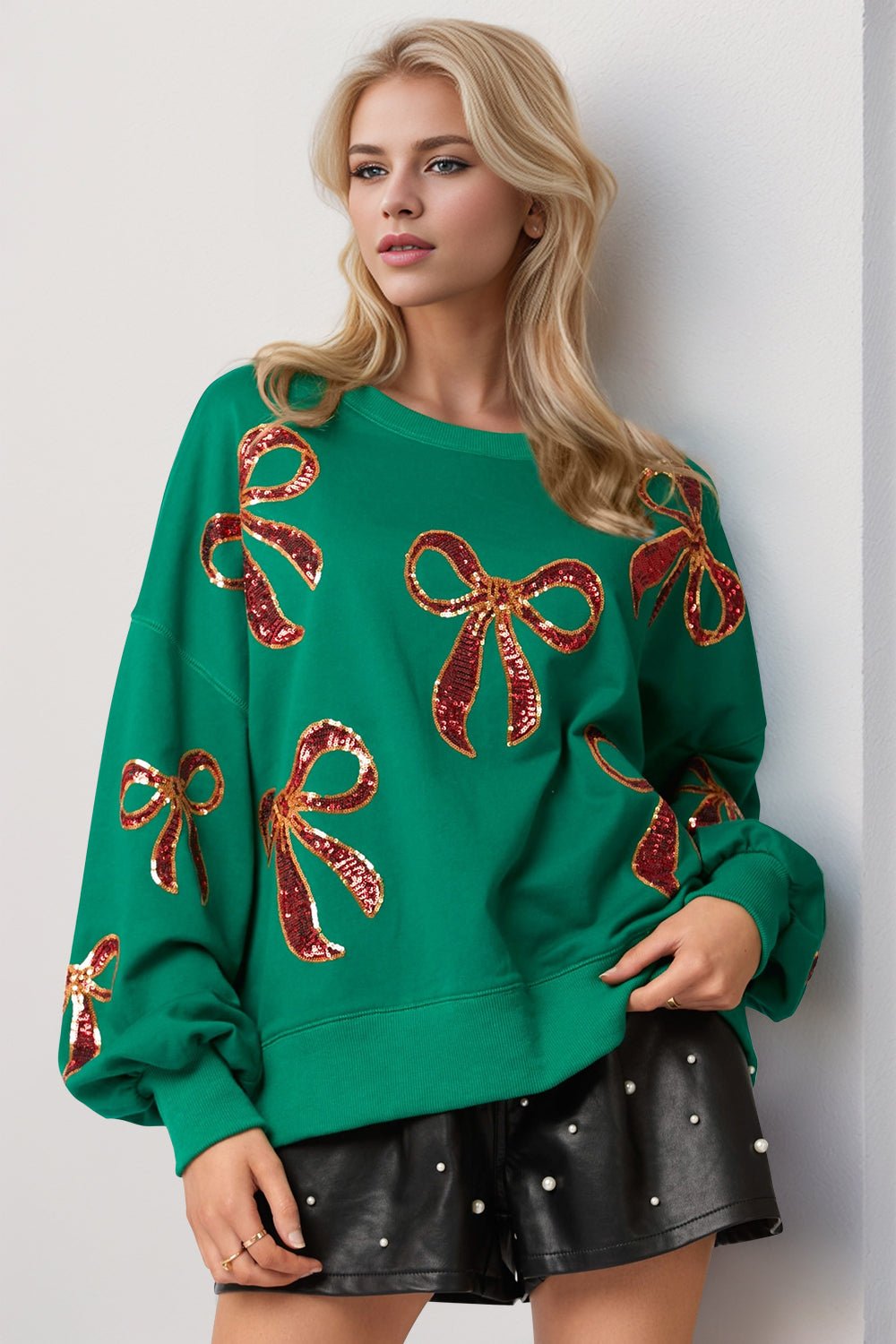 Double Take - Sequin Christmas Bow Sweatshirt