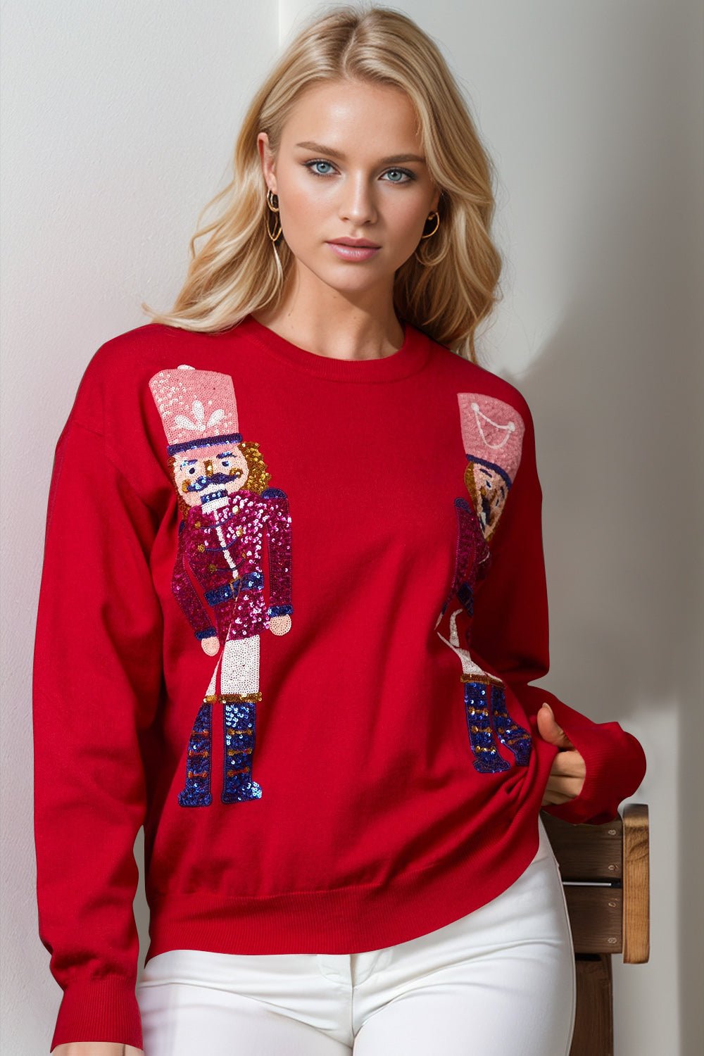 Double Take - Sequin Nutcracker Long Sleeve Sweater