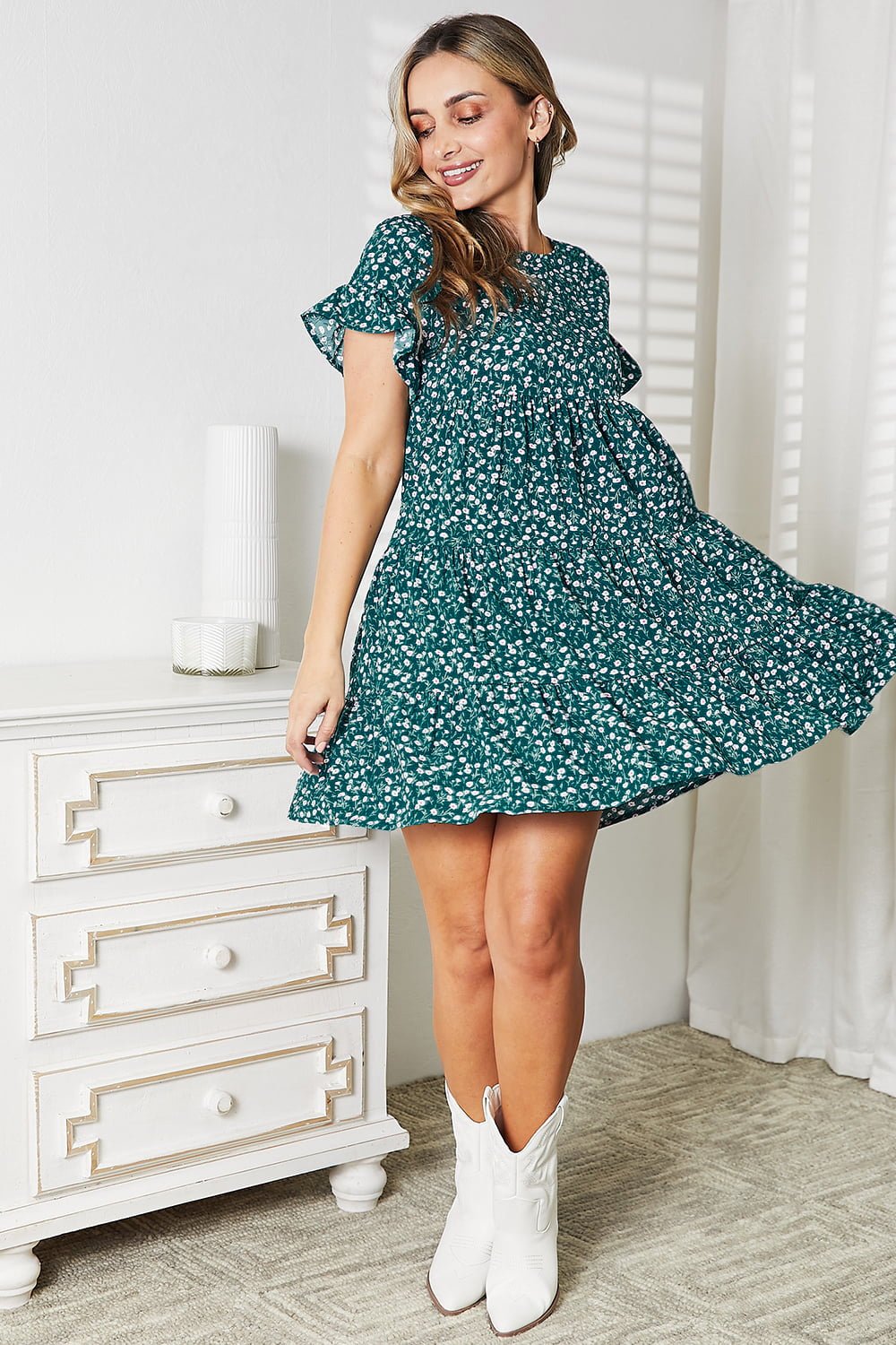 Double Take - Short Flounce Sleeve Tiered Mini Dress