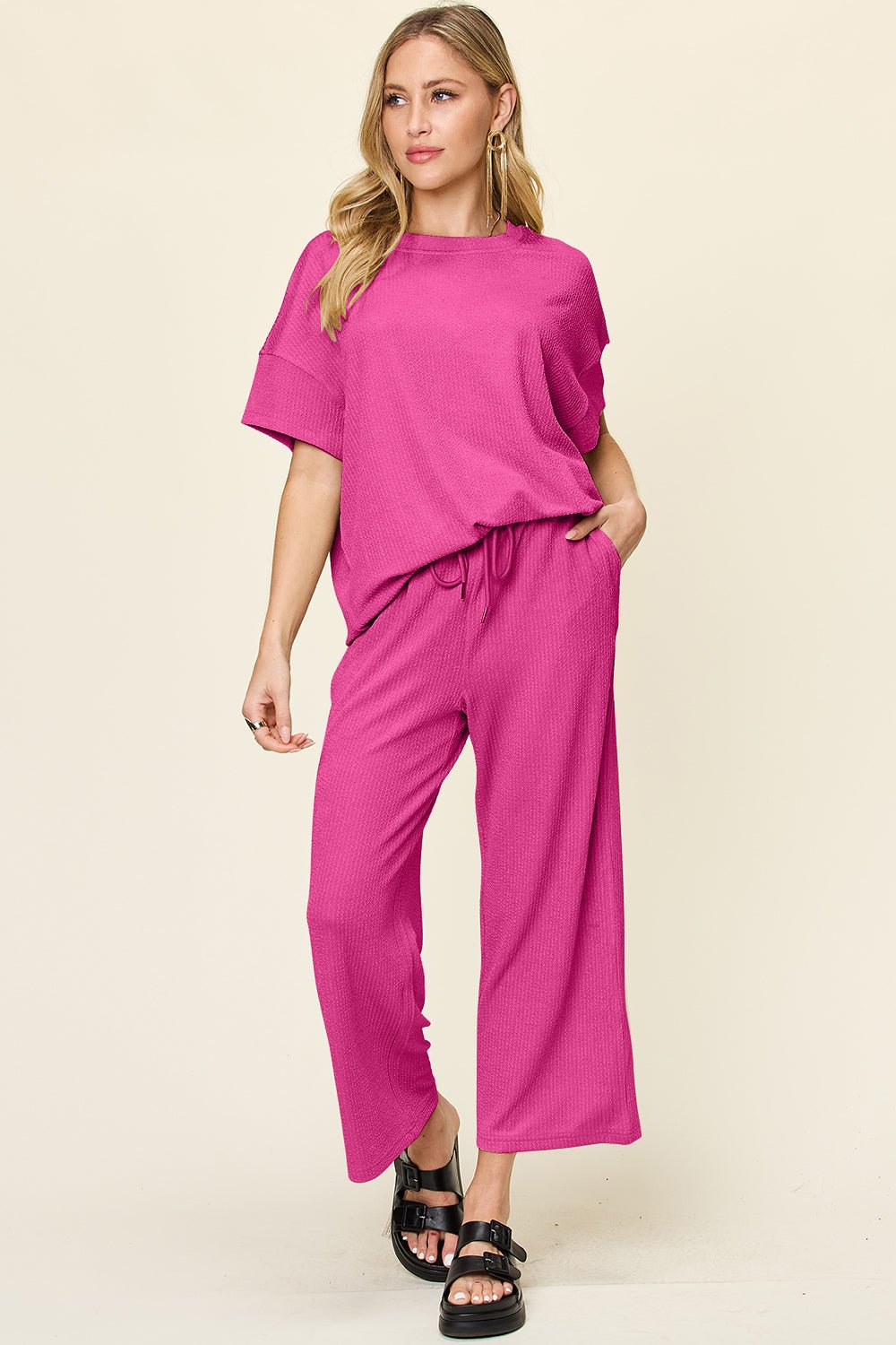 Double Take - Short Sleeve T-Shirt and Wide Leg Pants Set