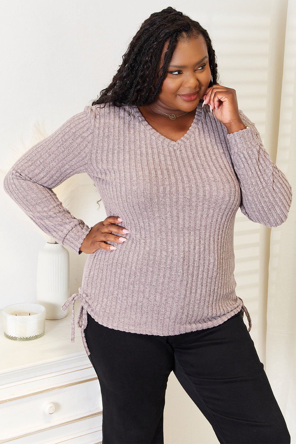 Double Take - Side Ruched Long Sleeve T-Shirt