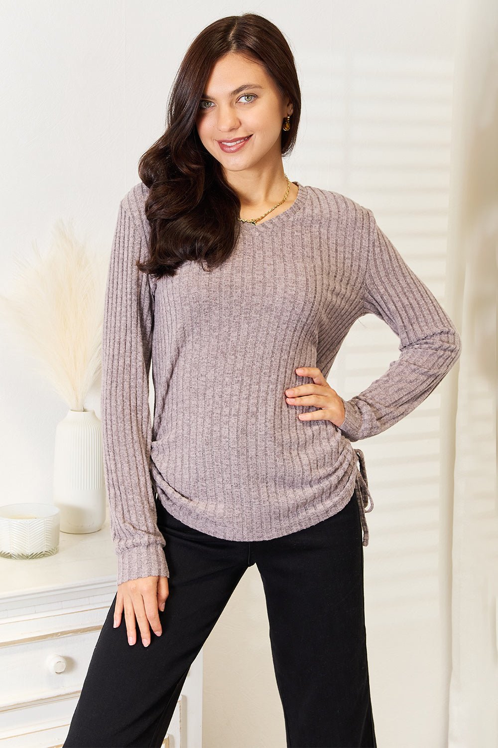 Double Take - Side Ruched Long Sleeve T-Shirt