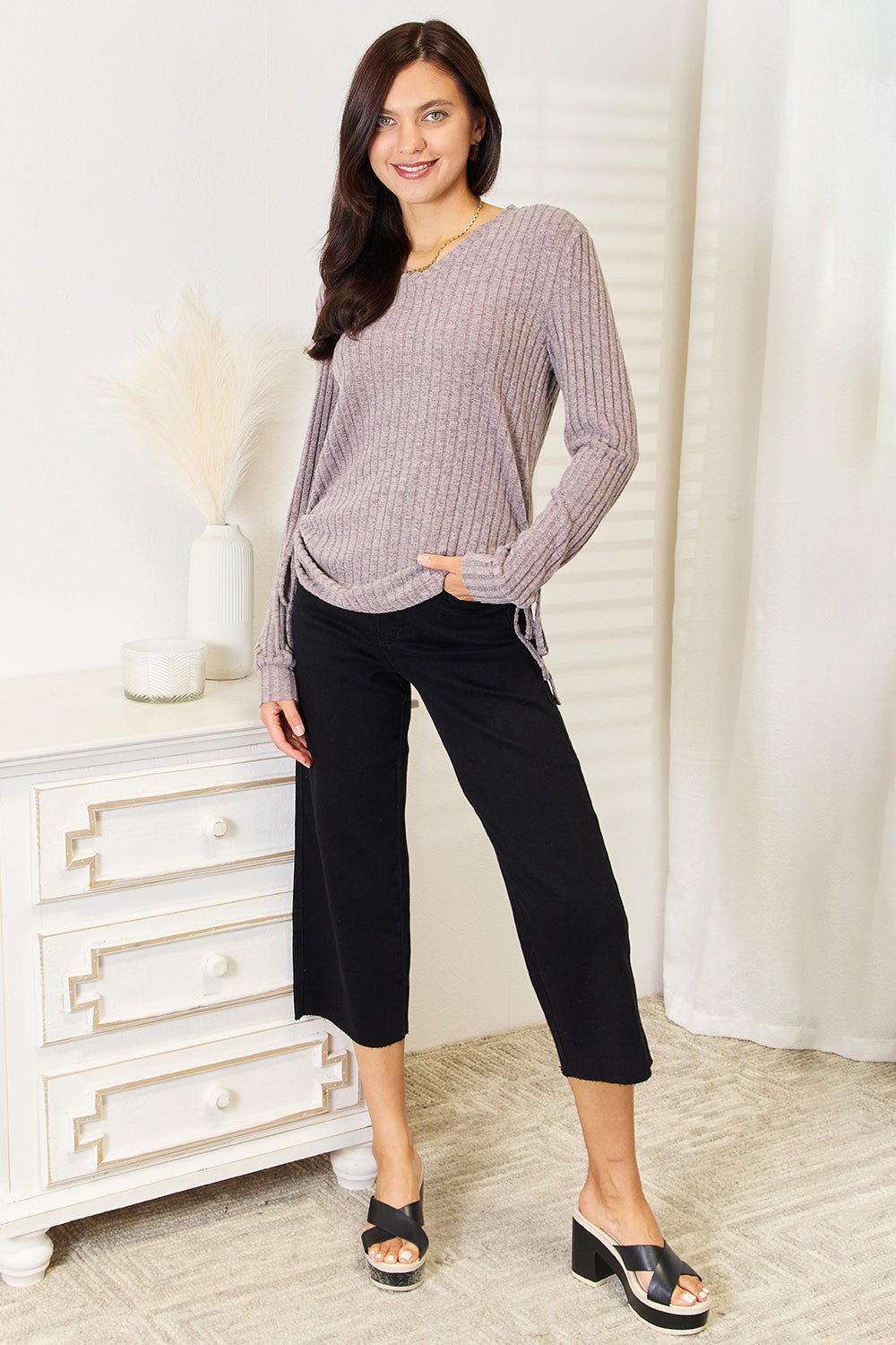 Double Take - Side Ruched Long Sleeve T-Shirt