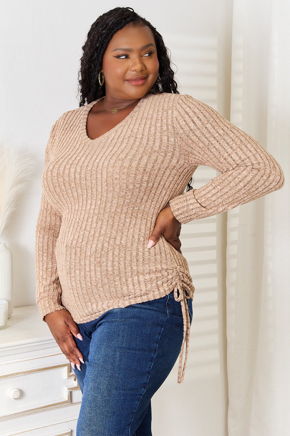 Double Take - Side Ruched Long Sleeve T-Shirt