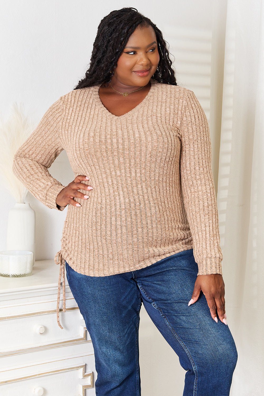 Double Take - Side Ruched Long Sleeve T-Shirt