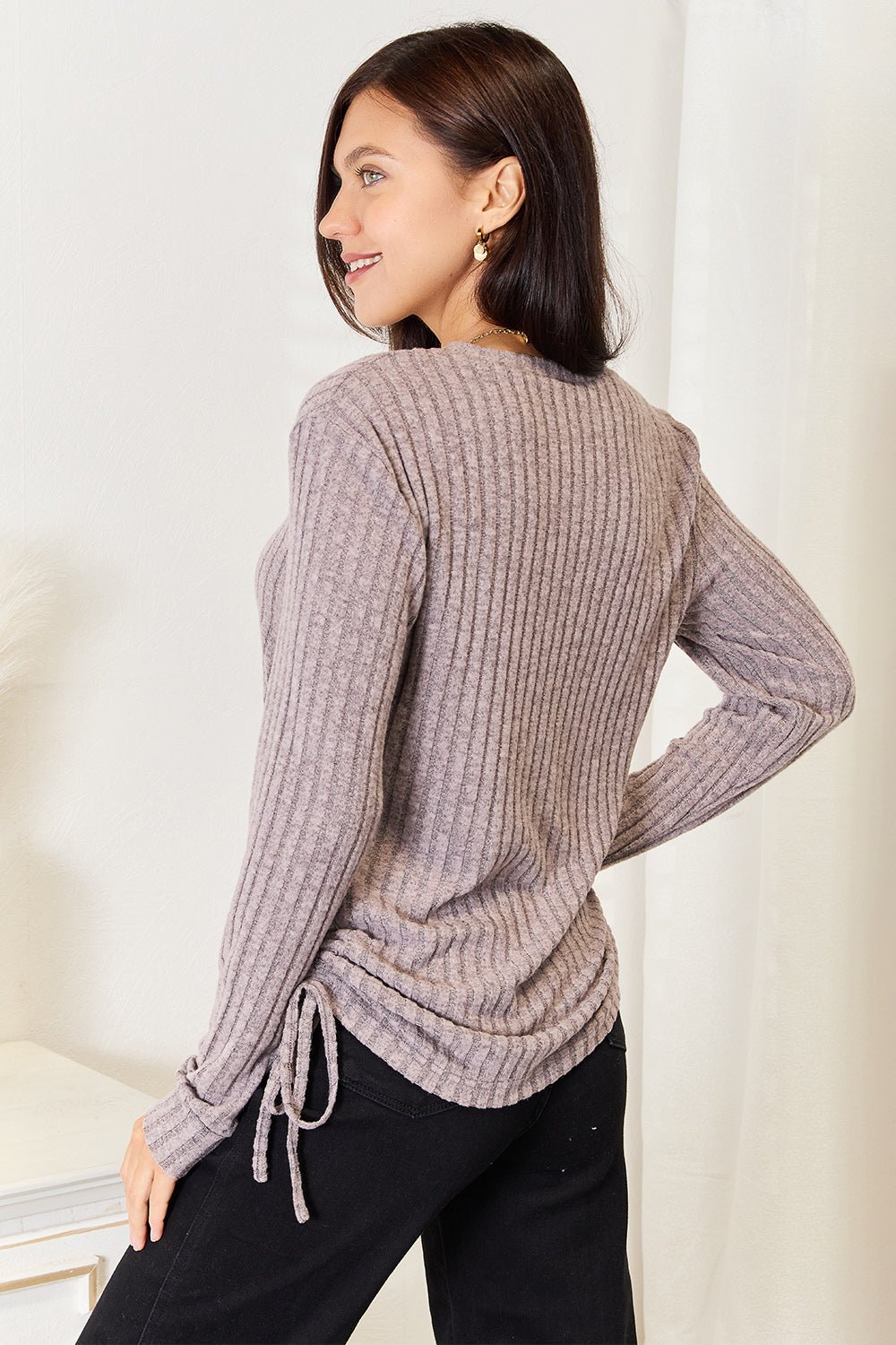 Double Take - Side Ruched Long Sleeve T-Shirt