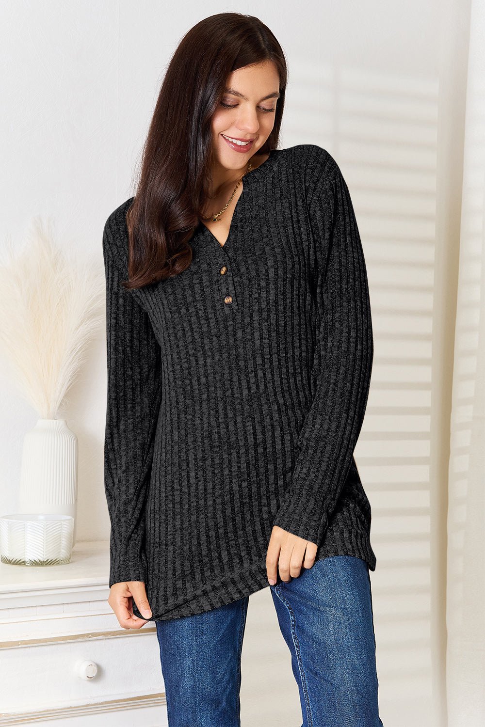 Double Take - Split Neck Rib Knit Long Sleeve T-Shirt