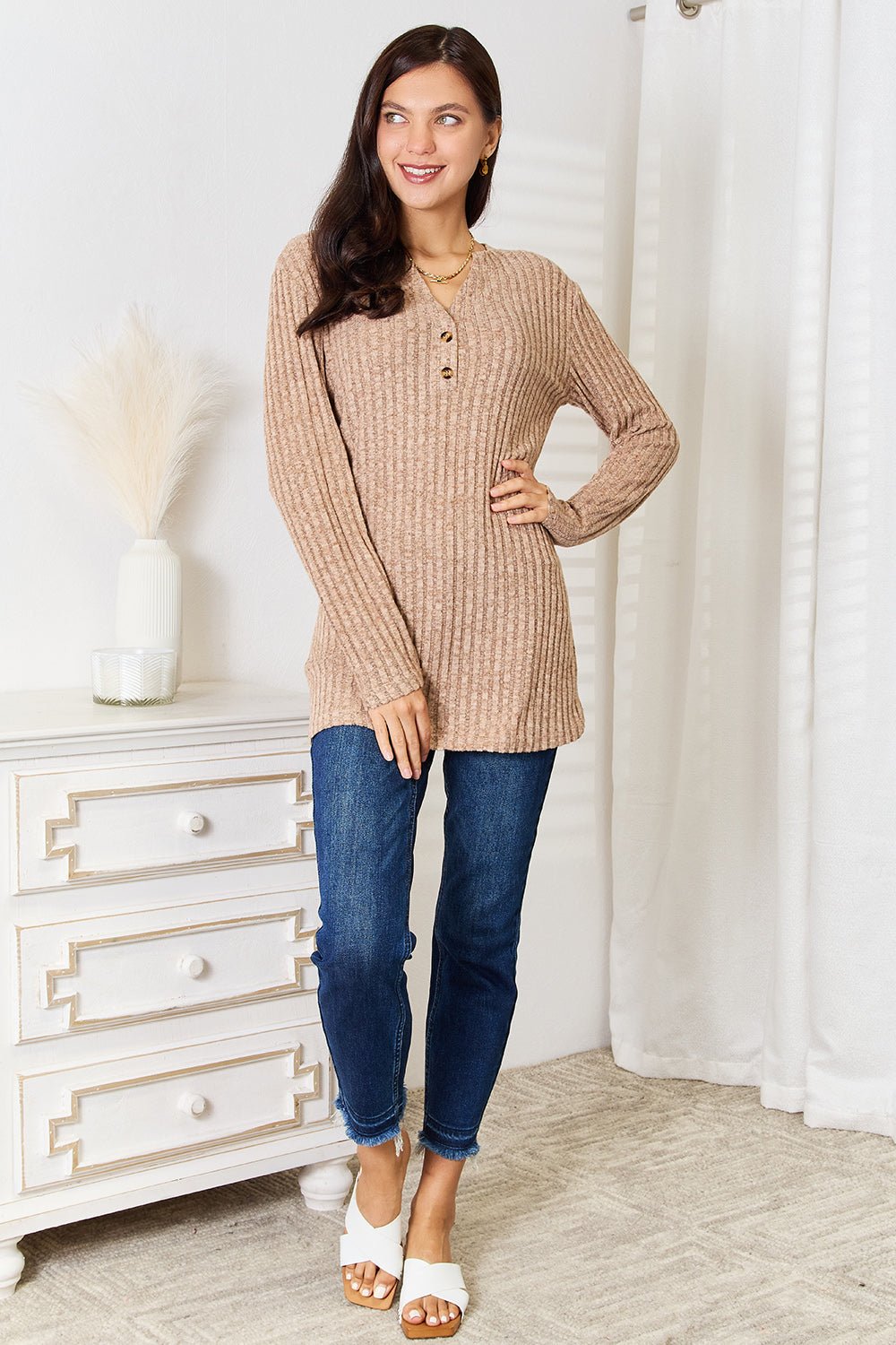 Double Take - Split Neck Rib Knit Long Sleeve T-Shirt