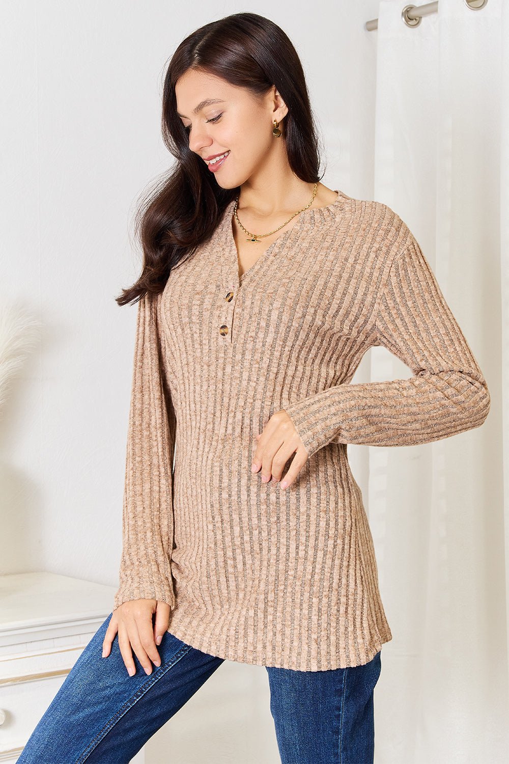 Double Take - Split Neck Rib Knit Long Sleeve T-Shirt