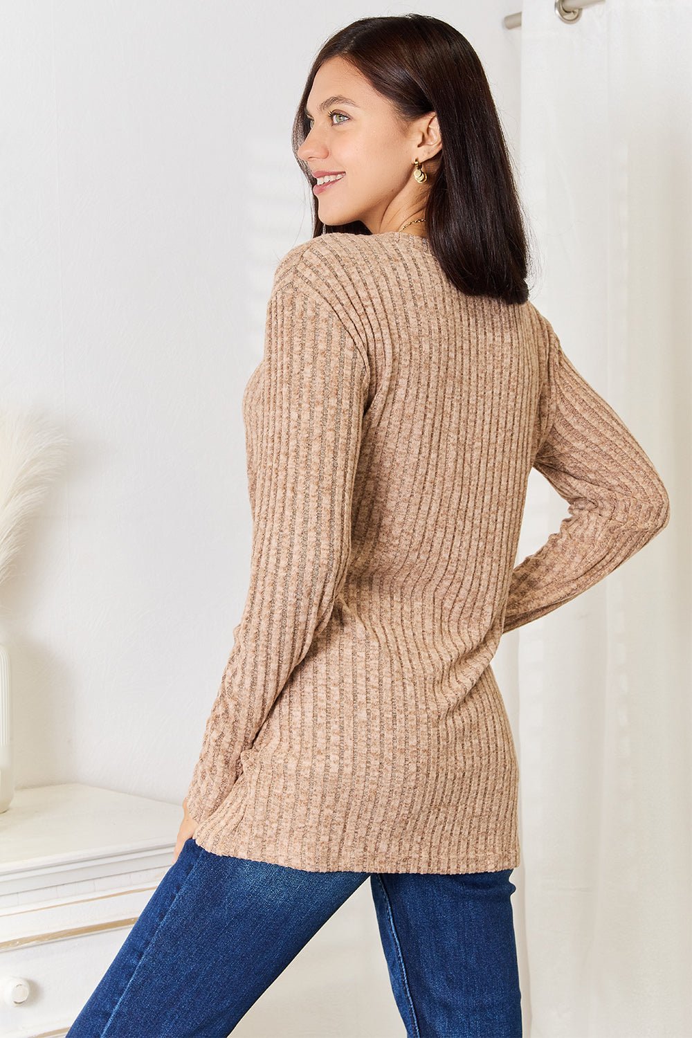 Double Take - Split Neck Rib Knit Long Sleeve T-Shirt