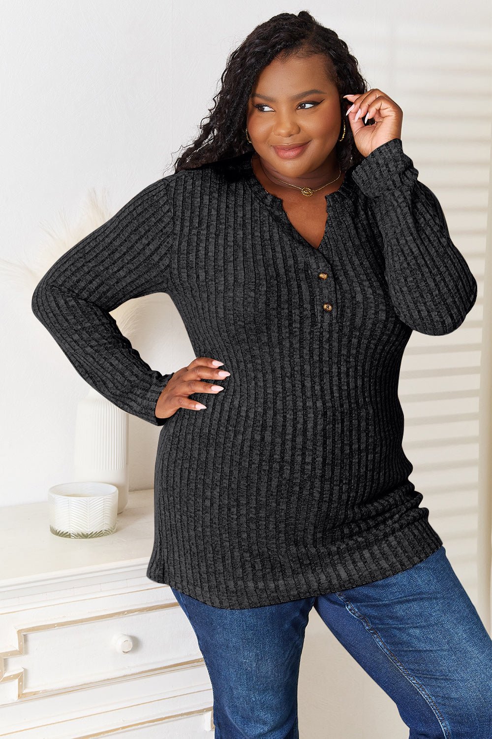 Double Take - Split Neck Rib Knit Long Sleeve T-Shirt