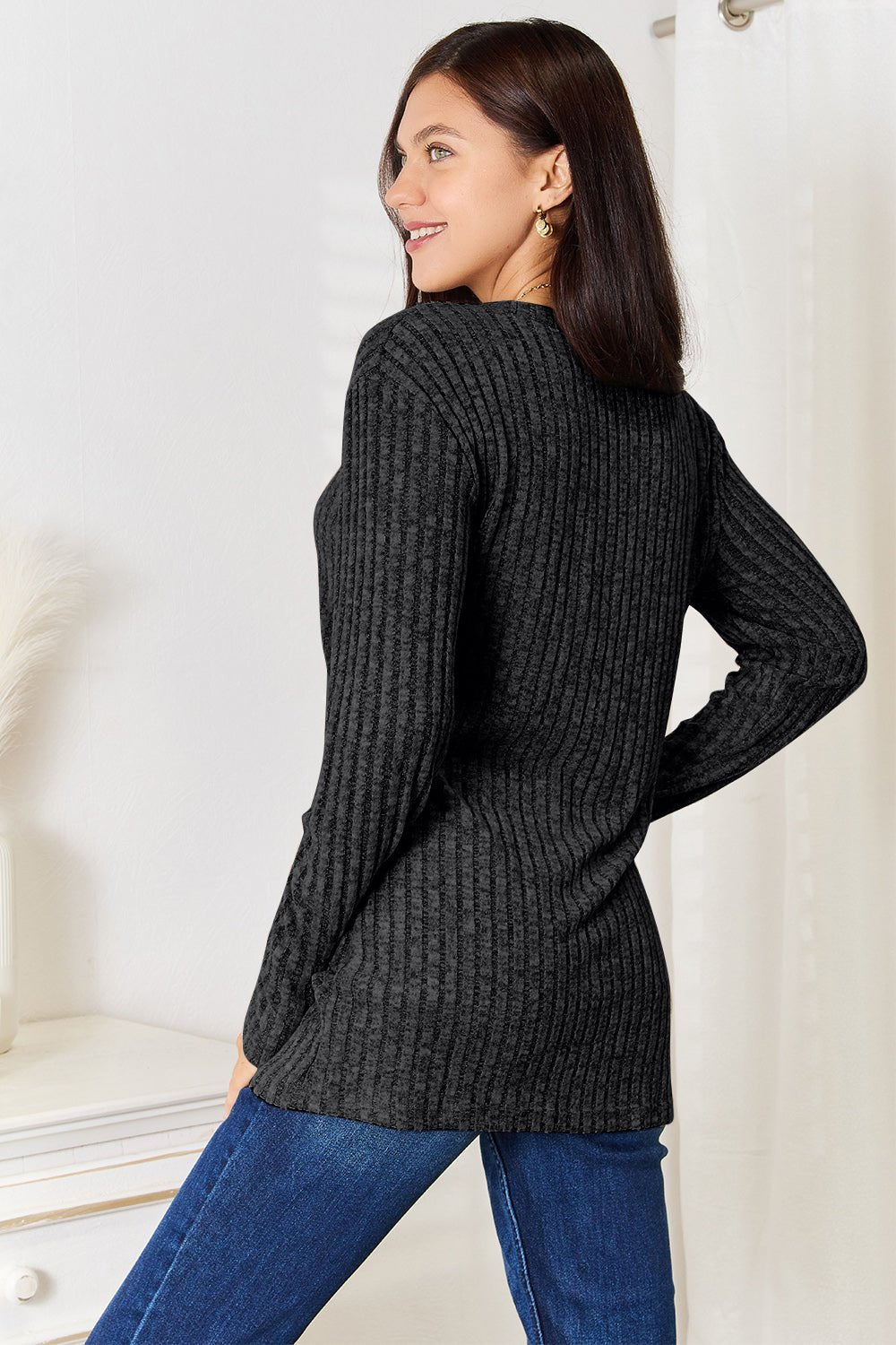 Double Take - Split Neck Rib Knit Long Sleeve T-Shirt