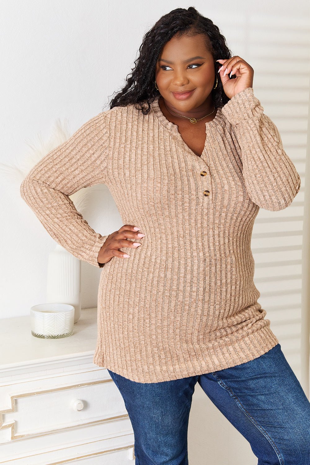 Double Take - Split Neck Rib Knit Long Sleeve T-Shirt