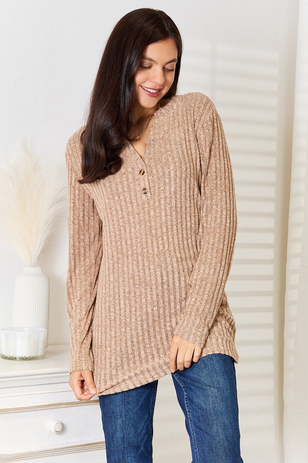 Double Take - Split Neck Rib Knit Long Sleeve T-Shirt