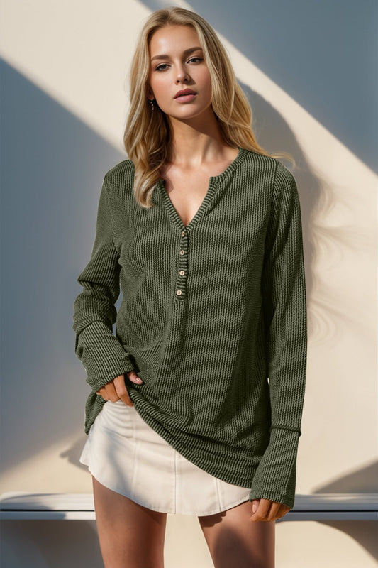 Double Take - Split Neck Thumbhole Long Sleeve T-Shirt