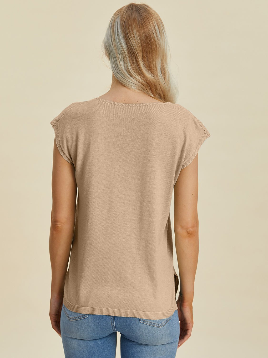 Double Take - Split Neckline Cap Sleeve Knit Top