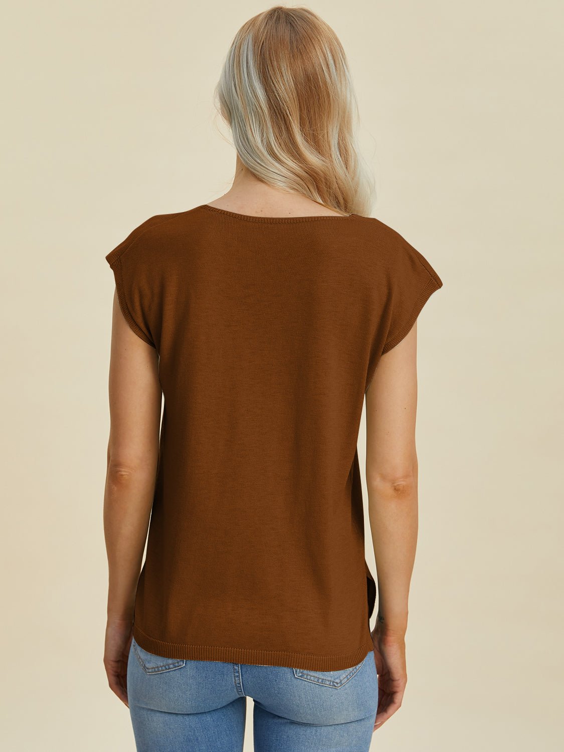 Double Take - Split Neckline Cap Sleeve Knit Top